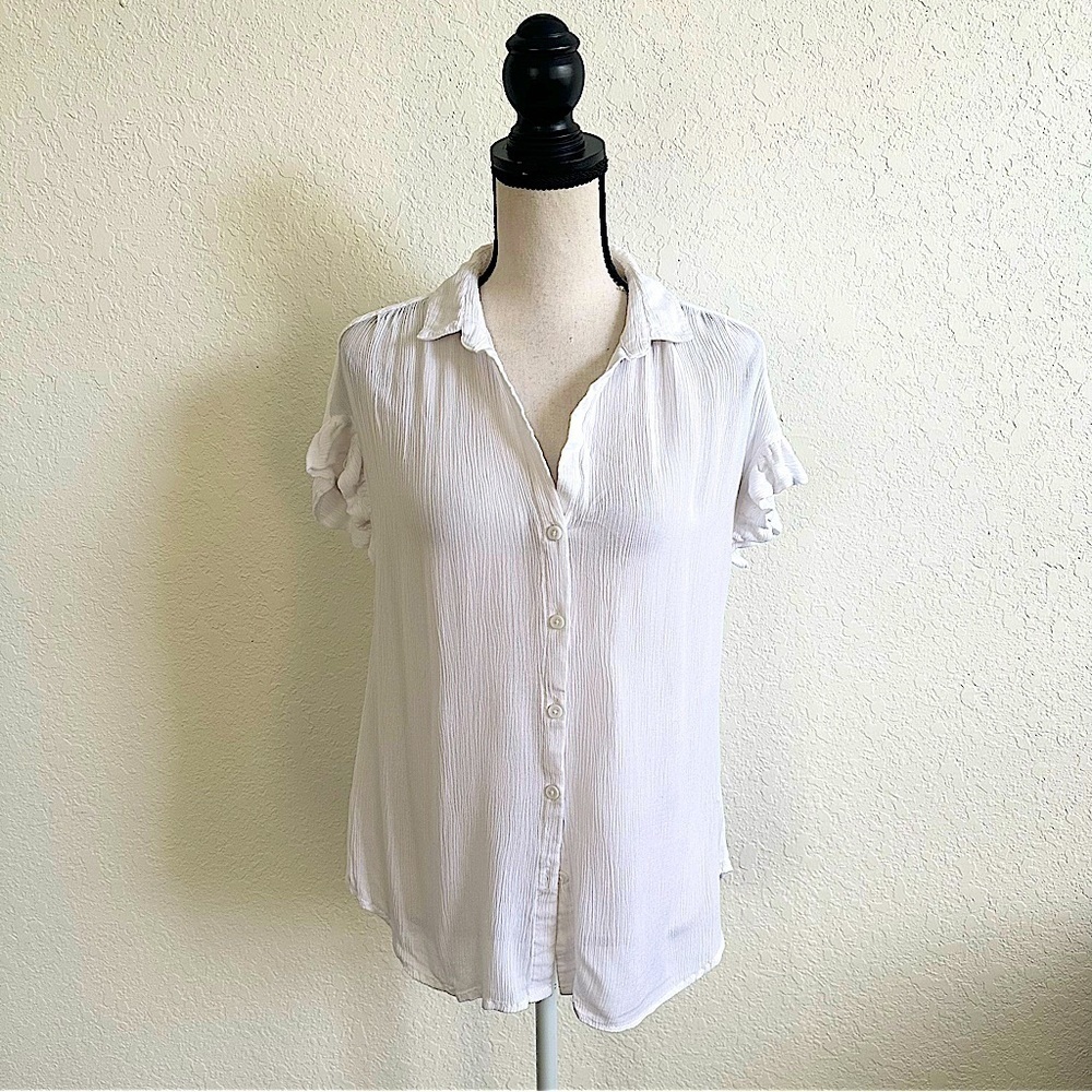 Beachlunchlounge White Button Down Blouse Collar Ruffle Sleeves Xs Boho Casual